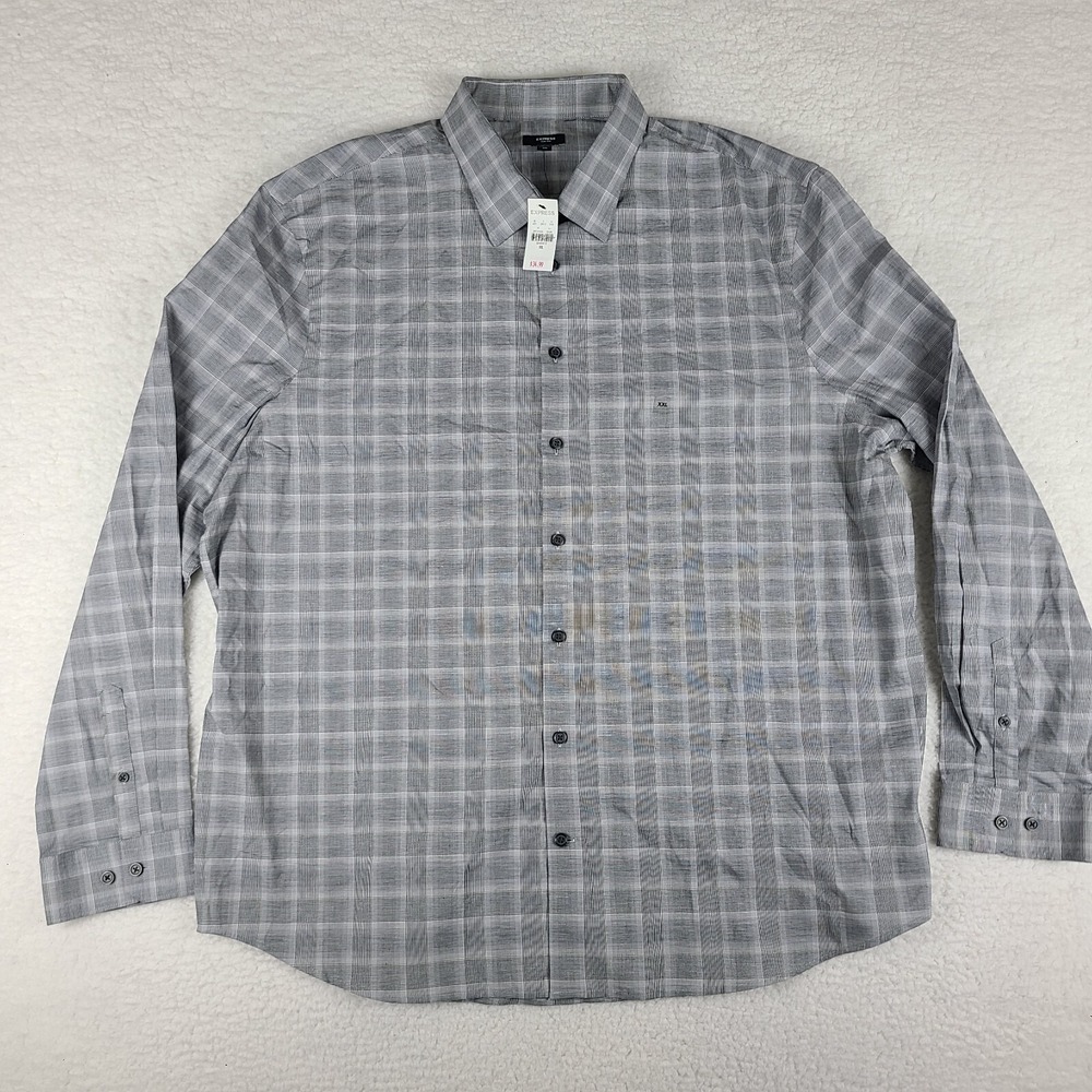 Express Dress Shirt Mens 2XL XXL Gray Plaid Slim 1MX Button Up NWT NEW
